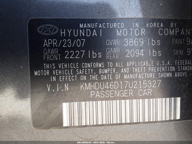 Aukcja sprzedaży 2007 Hyundai Elantra Gls/ltd/se, vin: KMHDU46D17U215327, numer aukcji: 45956155