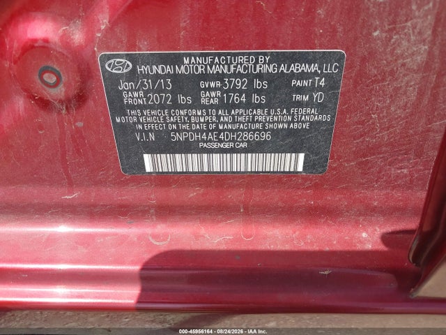2013 Hyundai Elantra Limited მანქანა იყიდება აუქციონზე, vin: 5NPDH4AE4DH286696, აუქციონის ნომერი: 45956164