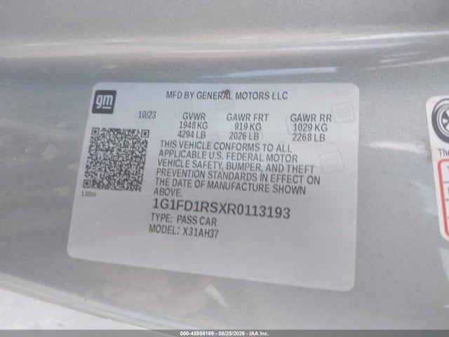 45956169 :رقم المزاد ، 1G1FD1RSXR0113193 vin ، 2024 Chevrolet Camaro Rwd  3lt مزاد بيع