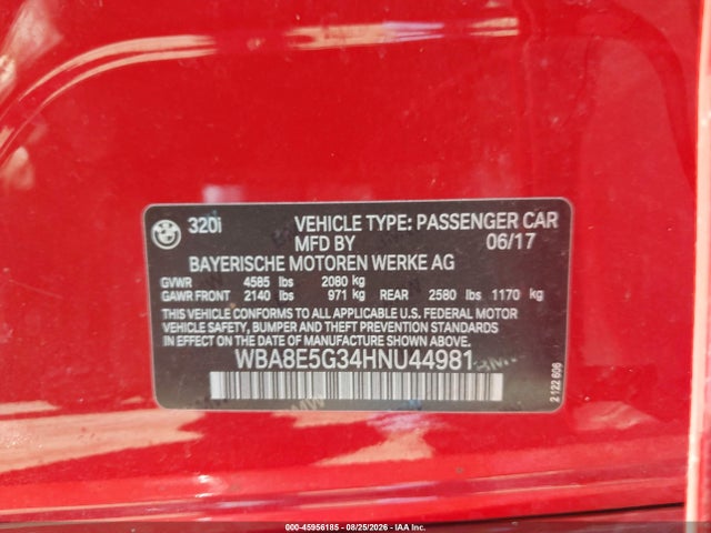 45956185 :رقم المزاد ، WBA8E5G34HNU44981 vin ، 2017 Bmw 320i Xdrive مزاد بيع