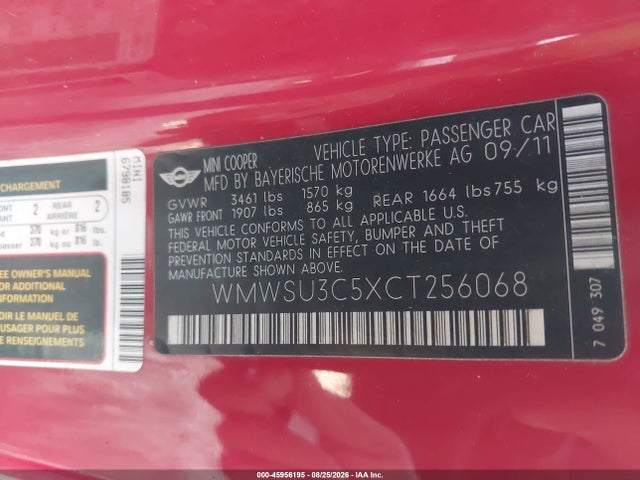 Продажа на аукционе авто 2012 Mini Cooper, vin: WMWSU3C5XCT256068, номер лота: 45956195