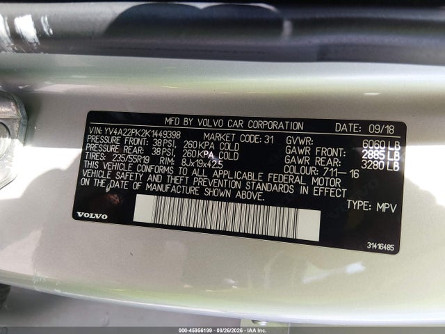 45956199 :رقم المزاد ، YV4A22PK2K1449398 vin ، 2019 Volvo Xc90 T6 Momentum مزاد بيع