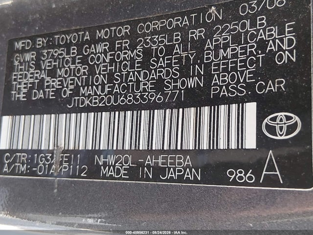 Aukcja sprzedaży 2008 Toyota Prius, vin: JTDKB20U683396771, numer aukcji: 45956231