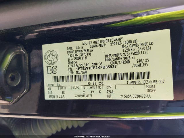 Продажа на аукционе авто 2019 Ford F-150 Xlt, vin: 1FTEW1EP2KFB85927, номер лота: 45956236