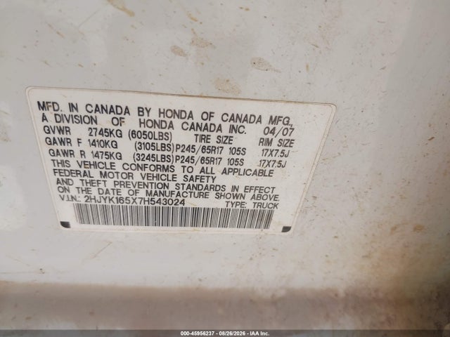 45956237 :رقم المزاد ، 2HJYK165X7H543024 vin ، 2007 Honda Ridgeline Rtl مزاد بيع