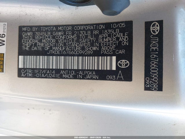 2006 Scion Tc მანქანა იყიდება აუქციონზე, vin: JTKDE167660099289, აუქციონის ნომერი: 45956241