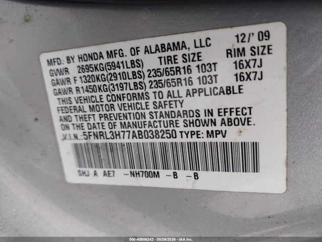 Продаж на аукціоні авто 2010 Honda Odyssey Ex-l, vin: 5FNRL3H77AB038250, номер лоту: 45956242