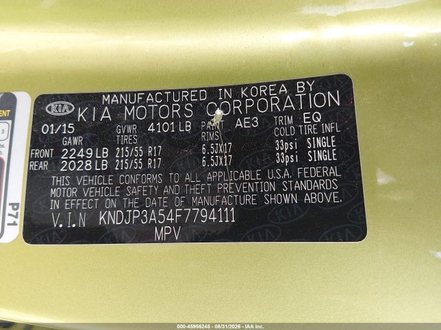 45956245 :رقم المزاد ، KNDJP3A54F7794111 vin ، 2015 Kia Soul + مزاد بيع
