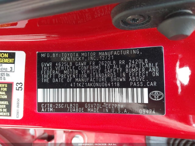 45956251 :رقم المزاد ، 4T1KZ1AK0NU064118 vin ، 2022 Toyota Camry Xse V6 مزاد بيع