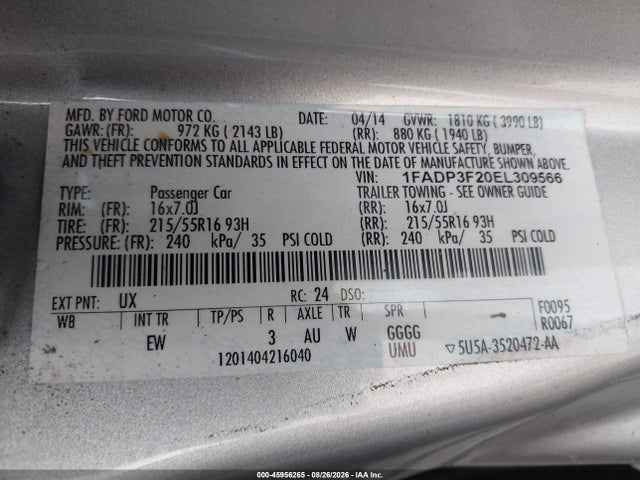 Продаж на аукціоні авто 2014 Ford Focus Se, vin: 1FADP3F20EL309566, номер лоту: 45956265