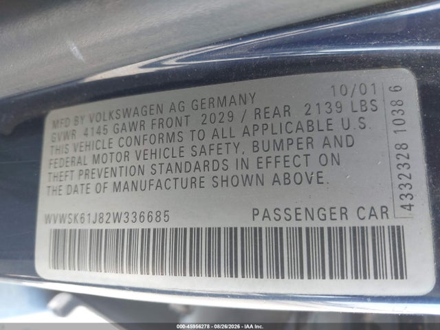 2002 Volkswagen Jetta Gls 2.0l მანქანა იყიდება აუქციონზე, vin: WVWSK61J82W336685, აუქციონის ნომერი: 45956278