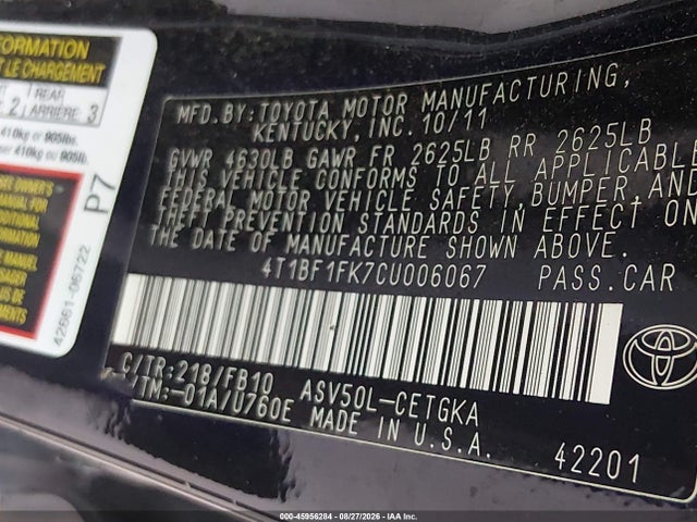 45956284 :رقم المزاد ، 4T1BF1FK7CU006067 vin ، 2012 Toyota Camry Xle مزاد بيع