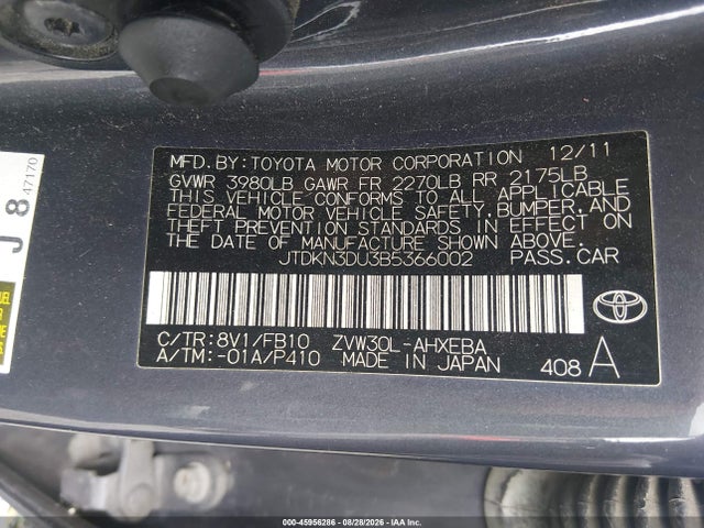 45956286 :رقم المزاد ، JTDKN3DU3B5366002 vin ، 2011 Toyota Prius Two مزاد بيع
