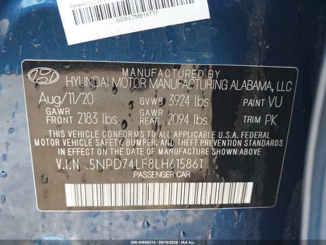 Продаж на аукціоні авто 2020 Hyundai Elantra Se, vin: 5NPD74LF8LH615861, номер лоту: 45956314
