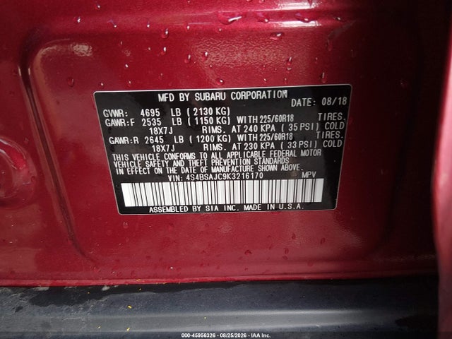 Aukcja sprzedaży 2019 Subaru Outback 2.5i Limited, vin: 4S4BSAJC9K3216170, numer aukcji: 45956326