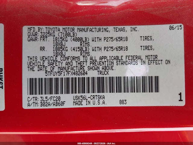 45956349 :رقم المزاد ، 5TFUY5F17FX482604 vin ، 2015 Toyota Tundra Sr5 5.7l V8 مزاد بيع
