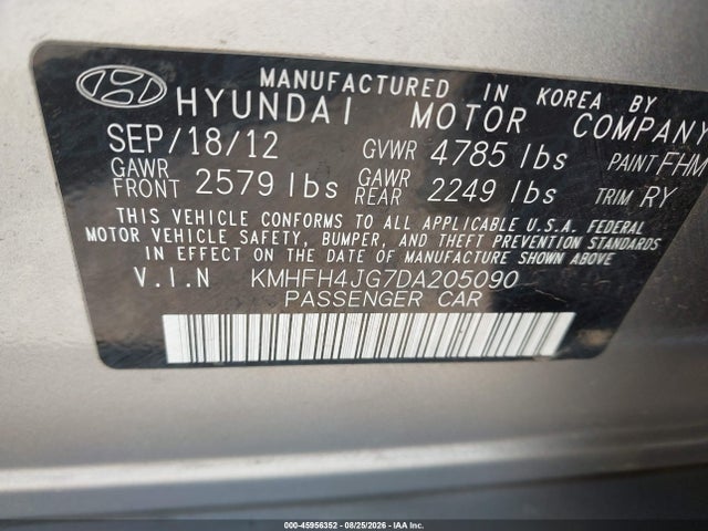 45956352 :رقم المزاد ، KMHFH4JG7DA205090 vin ، 2013 Hyundai Azera مزاد بيع