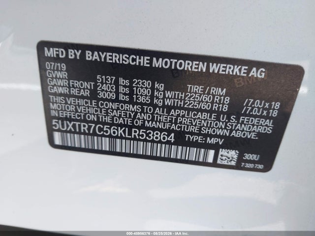 45956376 :رقم المزاد ، 5UXTR7C56KLR53864 vin ، 2019 Bmw X3 Sdrive30i مزاد بيع