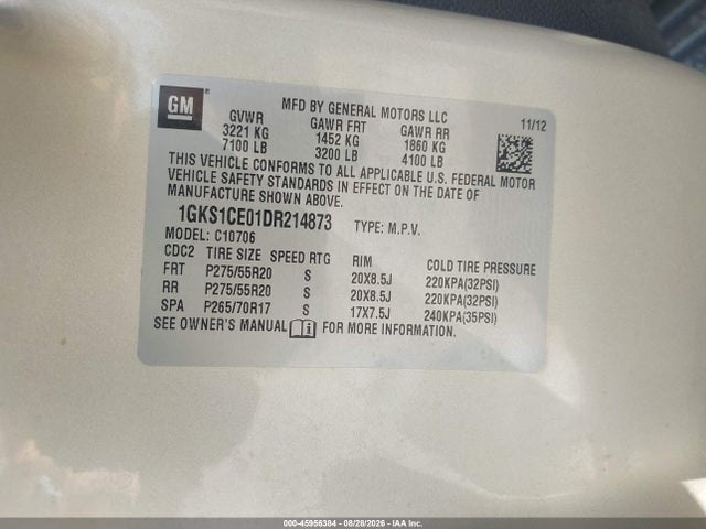 2013 Gmc Yukon Slt მანქანა იყიდება აუქციონზე, vin: 1GKS1CE01DR214873, აუქციონის ნომერი: 45956384