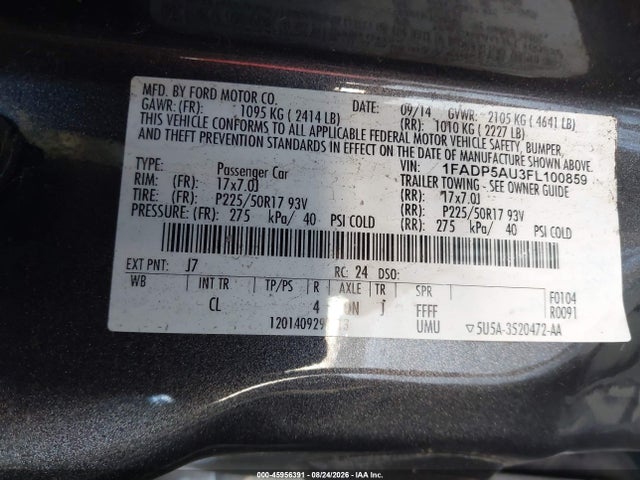 45956391 :رقم المزاد ، 1FADP5AU3FL100859 vin ، 2015 Ford C-max Hybrid Se مزاد بيع