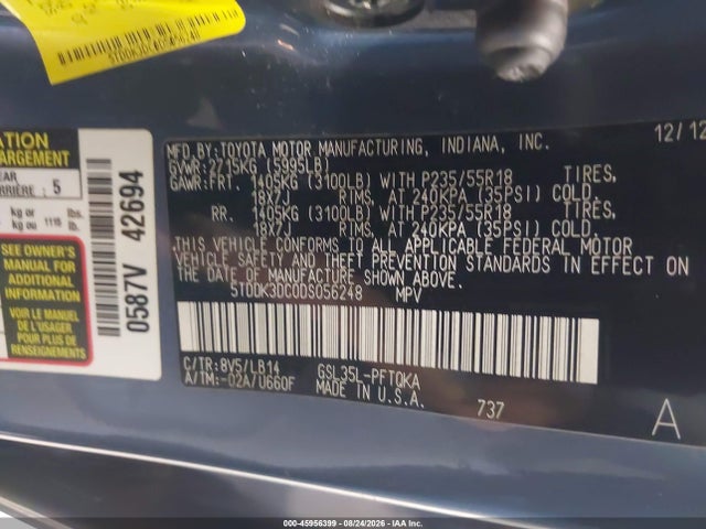 2013 Toyota Sienna Xle 7 Passenger მანქანა იყიდება აუქციონზე, vin: 5TDDK3DC0DS056248, აუქციონის ნომერი: 45956399