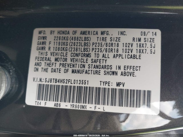 45956418 :رقم المزاد ، 5J8TB4H52FL013551 vin ، 2015 Acura Rdx مزاد بيع