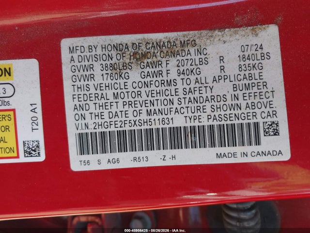 Продаж на аукціоні авто 2025 Honda Civic Sport, vin: 2HGFE2F5XSH511631, номер лоту: 45956425