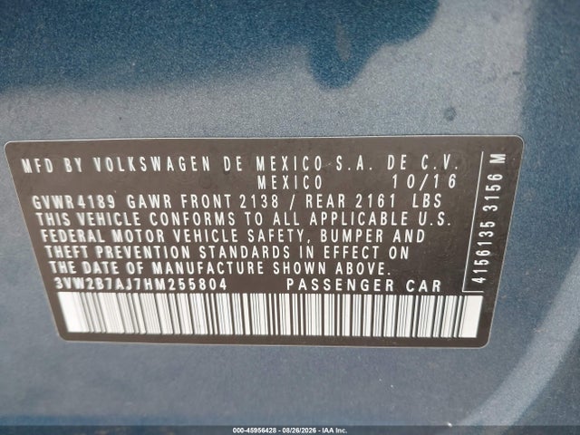 Aukcja sprzedaży 2017 Volkswagen Jetta 1.4t S, vin: 3VW2B7AJ7HM255804, numer aukcji: 45956428