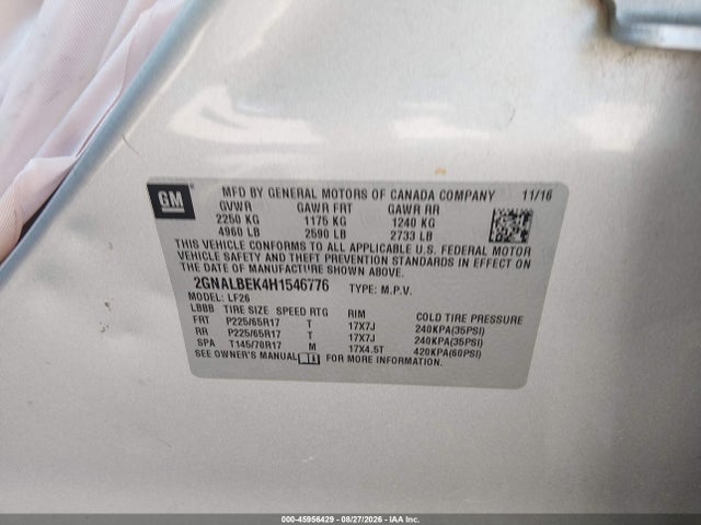 Продажа на аукционе авто 2017 Chevrolet Equinox Ls, vin: 2GNALBEK4H1546776, номер лота: 45956429