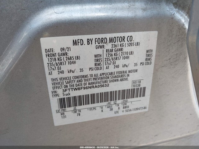 Auction sale of the 2022 Ford Maverick Xlt, vin: 3FTTW8F96NRA05632, lot number: 45956430