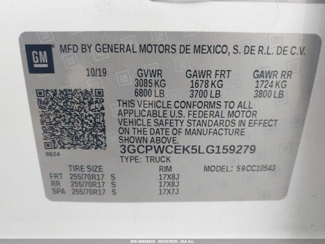 45956435 :رقم المزاد ، 3GCPWCEK5LG159279 vin ، 2020 Chevrolet Silverado 1500 2wd  Short Bed Lt مزاد بيع
