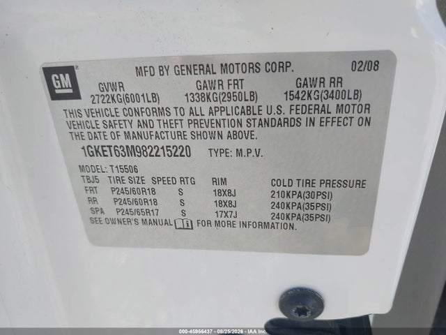 45956437 :رقم المزاد ، 1GKET63M982215220 vin ، 2008 Gmc Envoy Denali مزاد بيع
