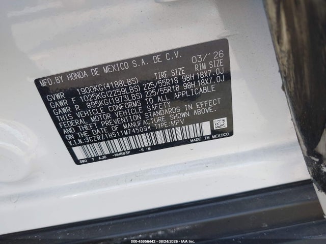 2026 Honda Hr-v 2wd Sport მანქანა იყიდება აუქციონზე, vin: 3CZRZ1H51TM745094, აუქციონის ნომერი: 45956442