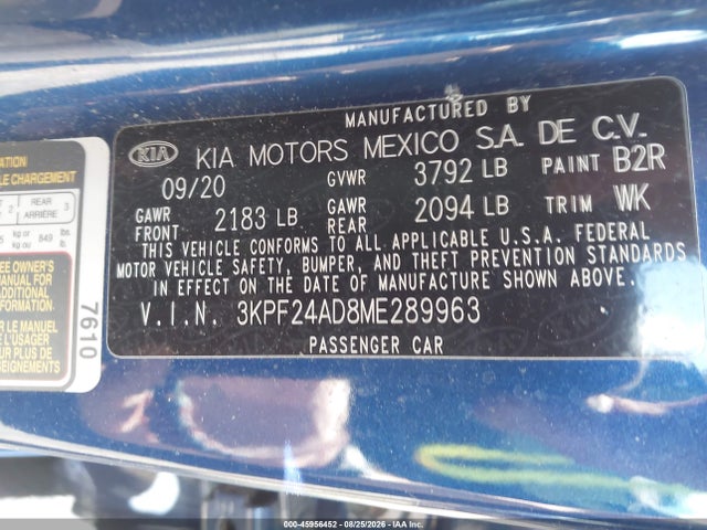 Продажа на аукционе авто 2021 Kia Forte Lxs, vin: 3KPF24AD8ME289963, номер лота: 45956452