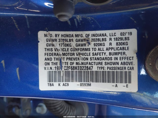 Продаж на аукціоні авто 2019 Honda Civic Lx, vin: 19XFC2F68KE022847, номер лоту: 45956466