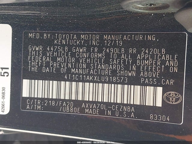 Продажа на аукционе авто 2020 Toyota Camry Le, vin: 4T1C11AKXLU918573, номер лота: 45956492