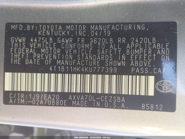 45956495 :رقم المزاد ، 4T1B11HK4KU777399 vin ، 2019 Toyota Camry Se مزاد بيع