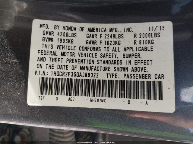 2016 Honda Accord Lx მანქანა იყიდება აუქციონზე, vin: 1HGCR2F35GA069322, აუქციონის ნომერი: 45956502