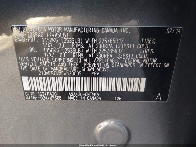 45956506 :رقم المزاد ، 2T3WFREVXEW120005 vin ، 2014 Toyota Rav4 Xle مزاد بيع