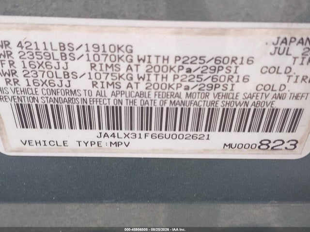 45956505 :رقم المزاد ، JA4LX31F66U002621 vin ، 2006 Mitsubishi Outlander Ls مزاد بيع