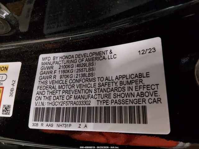 45956519 :رقم المزاد ، 1HGCY2F57RA033302 vin ، 2024 Honda Accord Hybrid Sport مزاد بيع