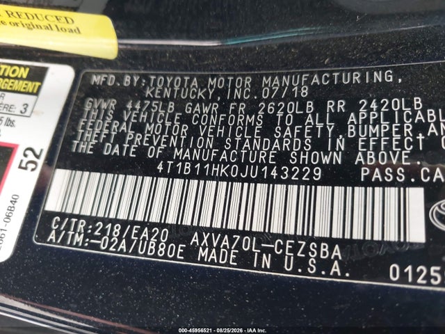 Aukcja sprzedaży 2018 Toyota Camry Se, vin: 4T1B11HK0JU143229, numer aukcji: 45956521