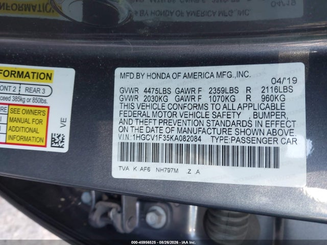 Aukcja sprzedaży 2019 Honda Accord Sport, vin: 1HGCV1F35KA082084, numer aukcji: 45956525