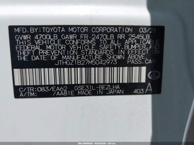 2021 Lexus Is 350 F Sport მანქანა იყიდება აუქციონზე, vin: JTHGZ1B27M5042973, აუქციონის ნომერი: 45956539