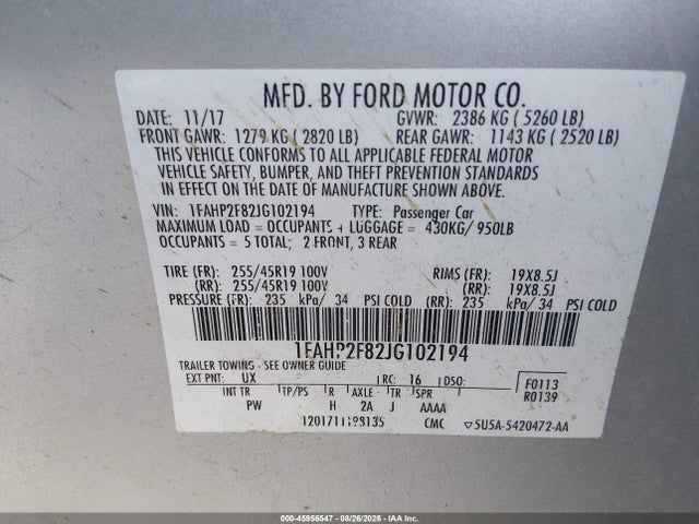 45956547 :رقم المزاد ، 1FAHP2F82JG102194 vin ، 2018 Ford Taurus Limited مزاد بيع