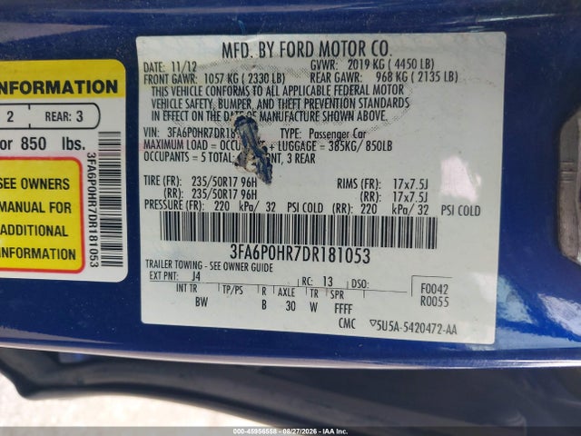 2013 Ford Fusion Se მანქანა იყიდება აუქციონზე, vin: 3FA6P0HR7DR181053, აუქციონის ნომერი: 45956558