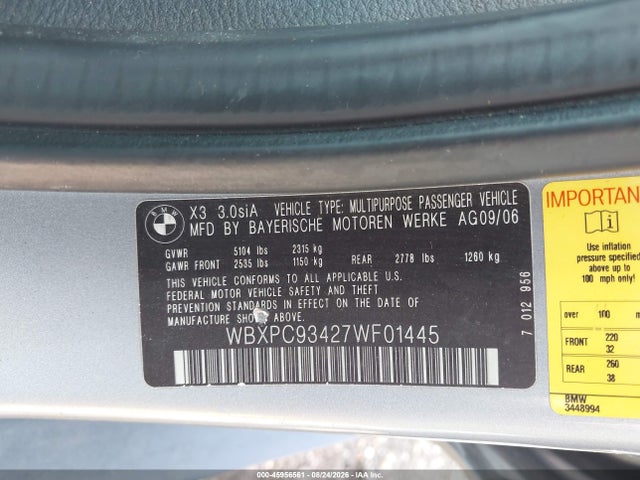 Продаж на аукціоні авто 2007 Bmw X3 3.0si, vin: WBXPC93427WF01445, номер лоту: 45956561