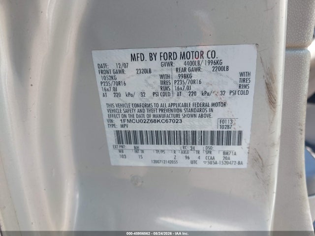 45956562 :رقم المزاد ، 1FMCU02Z68KC67023 vin ، 2008 Ford Escape Xls/xls Manual مزاد بيع