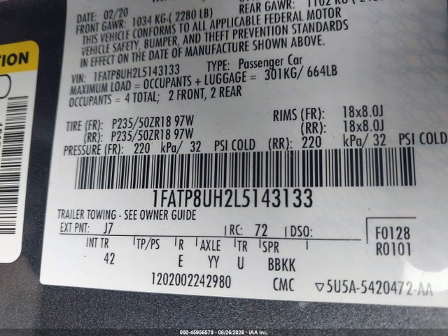 Aukcja sprzedaży 2020 Ford Mustang Ecoboost Premium, vin: 1FATP8UH2L5143133, numer aukcji: 45956579