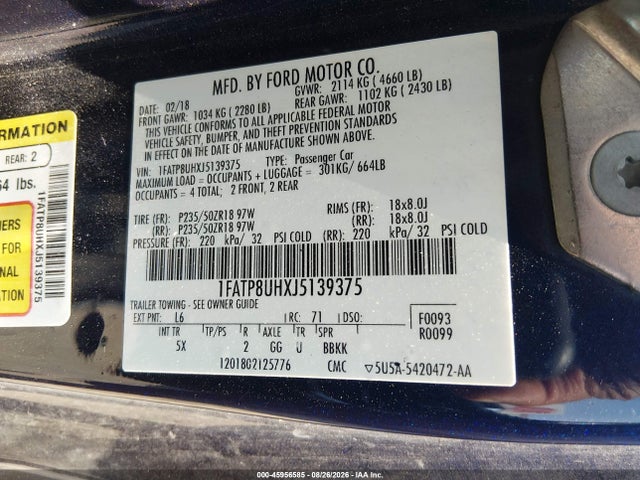 1FATP8UHXJ5139375 Ford Mustang Ecoboost Premium